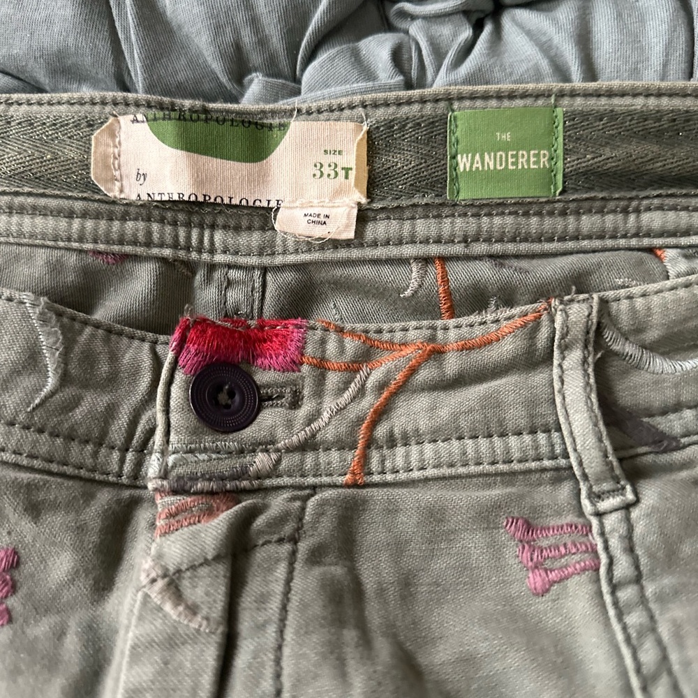 Anthropologie Women's Embroidered green utility pants/jeans “The Wanderer”